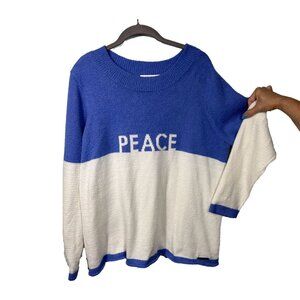 Peace Love World Sweater XL Blue White Pullover “PEACE” Fuzzy Knit Cozy Soft Top